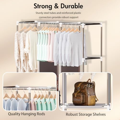 Portable Closet, Storage Organizer Wardrobe, Non-Woven Fabric Cover | 3 Hanging Rods, 6 Storage Shelves and Side Pockets, Free Standing Clothes Rack with Non-Woven Fabric Cover, Grey