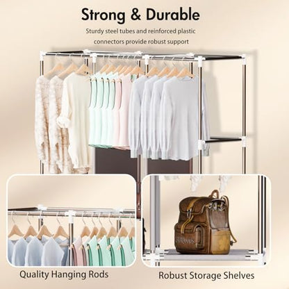 Portable Closet, Storage Organizer Wardrobe, Non-Woven Fabric Cover | 3 Hanging Rods, 6 Storage Shelves and Side Pockets, Free Standing Clothes Rack with Non-Woven Fabric Cover, Grey