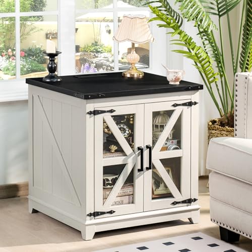 Joaxswe Farmhouse End Table for Living Room, Charger Station | USB Ports, Glass Barn Door, Solid Wood Legs, 24" Large Sofa Side Table, Adjustable Shelf, White Square Table for Bedroom - color: White, size: Set 1
