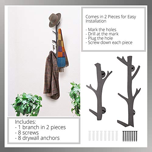 Tree Branch Coat & Hat Rack Wall Mount with 8 Vertical Hooks for Caps, Coats, Purse & More Modern Storage Dog Leash Holder Decorative Wall Hooks Vertical