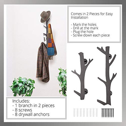 Tree Branch Coat & Hat Rack Wall Mount with 8 Vertical Hooks for Caps, Coats, Purse & More Modern Storage Dog Leash Holder Decorative Wall Hooks Vertical