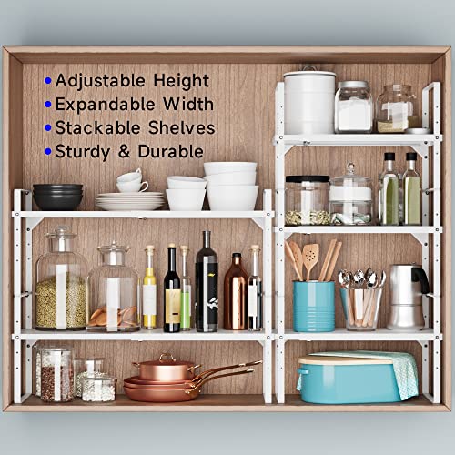 Expandable Cabinet Shelf Organizer, Stackable Kitchen Pantry Counter Storage, Adjustable Closet Cupboard Stand Rack Risers Spice Organization 80LBS Heavy Duty White Small 1 Pack - color: White Small