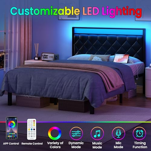 Full Size Bed Frame with Headboard, Modern Metal Bed Frame with LED Lights & Charging Station, PU Leather Upholstered Headboard, All Metal Slats Support, No Boxing Spring Needed, Noise Free, Black - size: Full