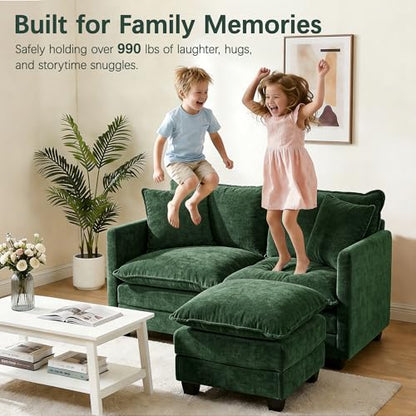 52" Loveseat Sofa, L-Shaped Cloud Love Seat Couches with Ottoman | Comfy Chenille Modern Love Seat with 2 Pillows, Small Loveseat for Small Spaces, Living Room, Bedroom, Apartment,Green, 52" L - color: Green, size: 52" L