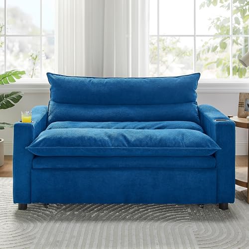 SLEERWAY 3 in 1 Convertible Sleeper Sofa Bed, 56.3" W Easy Pull Out Couch Bed with Dual Cup Holders, Comfy Thick Padding Futon Loveseat with Adjustable Backrest for Living Room Small Space (Blue) - color: Blue, size: 56.3"