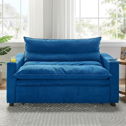 SLEERWAY 3 in 1 Convertible Sleeper Sofa Bed, 56.3" W Easy Pull Out Couch Bed with Dual Cup Holders, Comfy Thick Padding Futon Loveseat with Adjustable Backrest for Living Room Small Space (Blue) - color: Blue, size: 56.3"