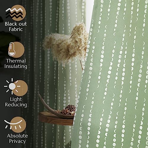 jinchan Boho Blackout Curtains 63 Inch Length Moon Phase Printed Drapes | Sage Green Farmhouse Curtain for Bedroom Living Room Back Tab Drapes Room Darkening Window Treatment 2 Panels - color: Luna | Sage Green, size: 52"W x 63"L (Pack of 2)