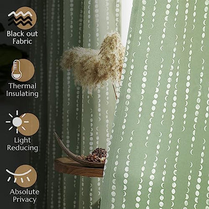 jinchan Boho Blackout Curtains 63 Inch Length Moon Phase Printed Drapes | Sage Green Farmhouse Curtain for Bedroom Living Room Back Tab Drapes Room Darkening Window Treatment 2 Panels - color: Luna | Sage Green, size: 52"W x 63"L (Pack of 2)