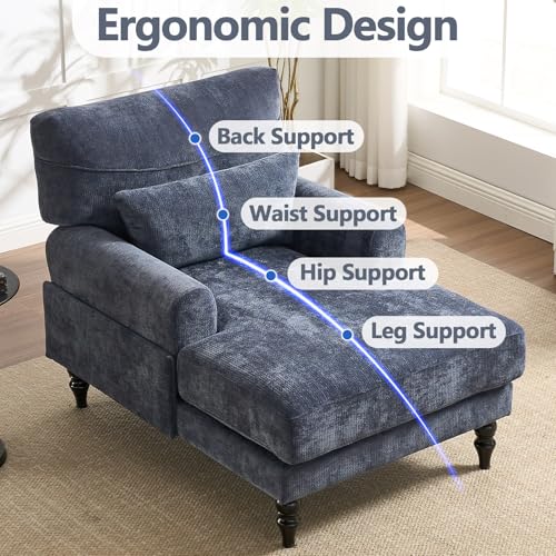Chaise Lounge Chair Indoor Bedroom, Comfy Lounge Chair with Wide Armrest & Backrest for Small Space, Thick Cushion, High-Density Foam, Waist Pillow, Chenille (Blue) - color: Blue