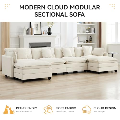 147'' Sectional Cloud Deep Seat Couch, Oversized Chenille U Shaped Sectional Sofa for Living Room Set, Comfy Upholstered Modular Sectional Sofa Couch with 2 Movable Ottoman, Beige - color: Beige, size: 147'' U Shape