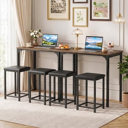 COSTWAY Dining Table Set, Counter Height Table, 2 Upholstered Stools | Rustic Brown & Black, PU Leather Seats, Metal Frame, Industrial, Space-Saving for Small Space, Dorm & Kitchen Island - color: Rustic Brown & Black
