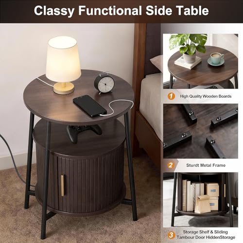 DHH Round End Tables Set of 2 & Charging Station, Fluted Accent Side Table with Sliding Door, Mid-Century Modem Nightstand Set for Small Space Storage, Living Room, Bedroom,Sofa Couch(Dark Walnut) - color: Dark Walnut