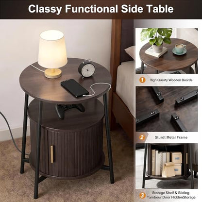 DHH Round End Tables Set of 2 & Charging Station, Fluted Accent Side Table with Sliding Door, Mid-Century Modem Nightstand Set for Small Space Storage, Living Room, Bedroom,Sofa Couch(Dark Walnut) - color: Dark Walnut