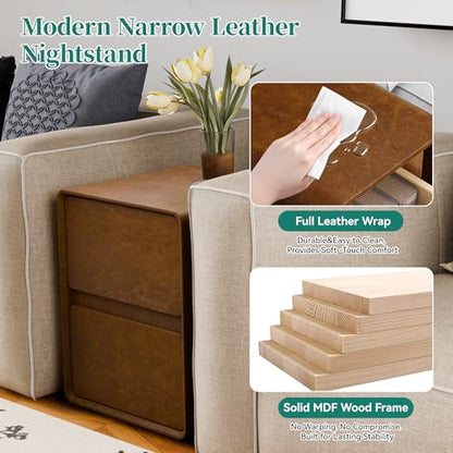 15.8" W Leather Narrow Nightstand Set of 2, Modern Fully-Assembled Bedside Table with 2 Drawers, Night Stand Small End Table & Side Table for Bedroom, Brown - color: Brown Set of 2, size: 16in