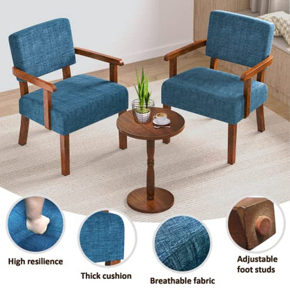 Accent Chairs Set of 2, 2 Solid Wood Armchairs with Side Table | Living Room Chairs with Soft Thicken Cushion, Comfy Reading Chair for Bedroom, Waiting Room, Home Office, Easy Assembly - color: Linen Blue, size: Set of 2 with table