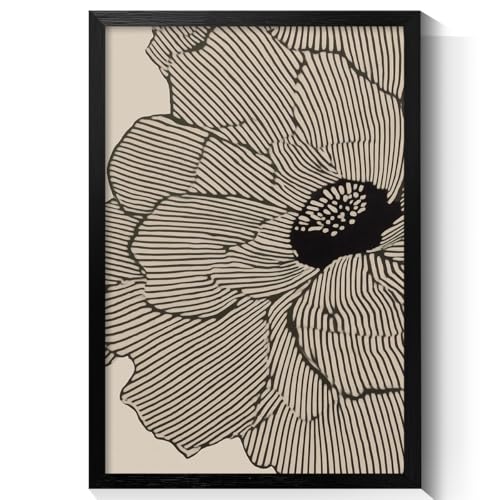 Abstract Black and Beige Flowers Canvas Wall Art, Neutral Floral Lines Poster, Modern Minimalist Floral Wall Decor, Boho Botanical Sketch Art Print for Living Room Bedroom 8x10in Framed - color: Floral 01, size: 10"L x 8"W, style: Framed