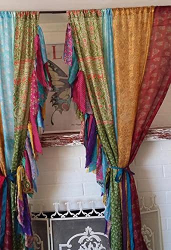 Yille Handmade Silk Sari Curtain Panels, 2 PCS Recycled Indian Silk Drapes, Assorted Bohemian Patchwork Window Curtains, Gypsy Hippy Boho Wall Hanging & Decorative Home Décor for Living Room