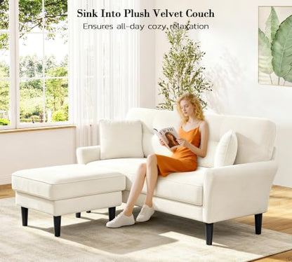 Kidirect Small Sectional Couch, 69" L Shaped Couch, Sectional Sofa, White | Comfy Velvet Couch, Tool-Free Setup, 750lb Max Load, Movable Ottoman, Ideal for Living Room, Bedroom, Apartment, Office - color: White, size: 69" L Shape