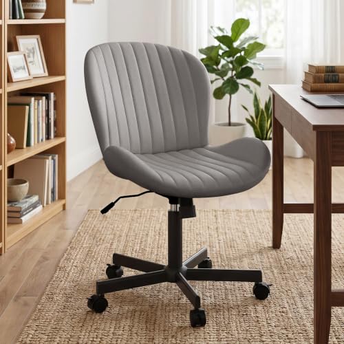 Armless Office Chair, PU Leather Office Chair with Wheels & Adjustable Height, Swivel Rocking Computer Chair, Ergonomic Soft Padded Office Chairs for Small Space, Study and Vanity, Grey - color: Grey