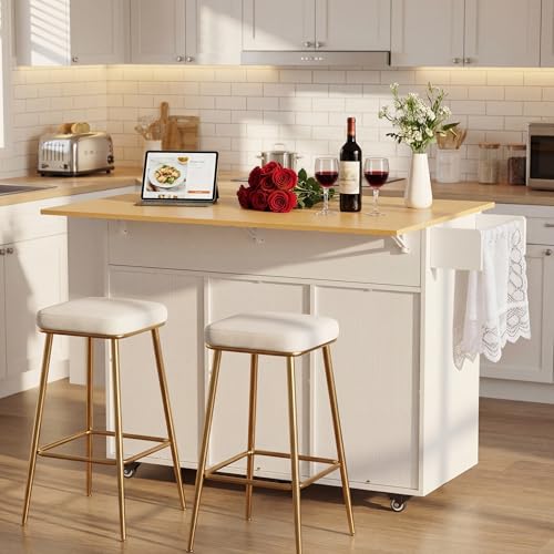YESHOMY Kitchen Island on Wheels with Trash Cabinet, 56" Mobile Cart with Drop Leaf and Drawers, Rolling Portable Table with Spice Rack & Towel Holder for Dining Room, White & Oak - color: White & Oak