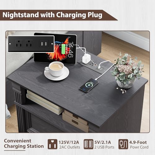 Grey Nightstand with Charging Station, Farmhouse Bedside Table, End Table with 2 Drawers and Chic Wood Pilasters Design, Wood Side Table with Metal Handles for Bedroom, Living Room - color: Grey, size: 15.7"D x 22"W x 23.6"H (2 Drawers)