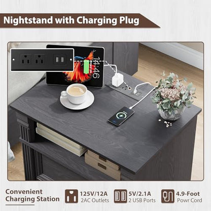 Grey Nightstand with Charging Station, Farmhouse Bedside Table, End Table with 2 Drawers and Chic Wood Pilasters Design, Wood Side Table with Metal Handles for Bedroom, Living Room - color: Grey, size: 15.7"D x 22"W x 23.6"H (2 Drawers)