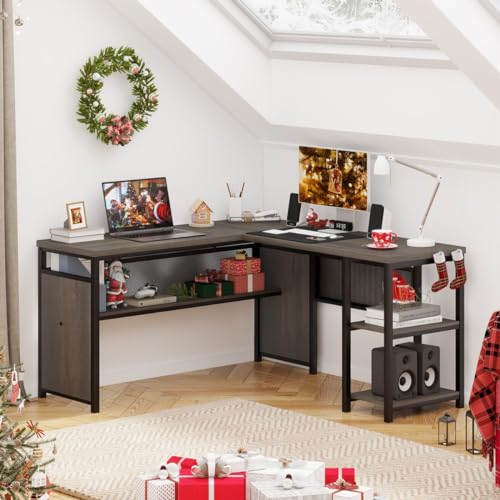 L Shaped Desk, Industrial Reversible Home Office Computer Desk with Wood Shelves, Corner Desks with Metal Legs (Walnut Brown, 59 Inch) - color: Walnut ,Brown,black