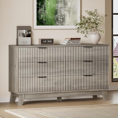BORNOON 53" Long Dresser for Bedroom, 6-Drawer Dresser with Fluted Fronts, Wide Wood Chest of Drawers, Smooth Metal Slides, Stable Base, Modern Clothes Storage Cabinet for Living Room, Hallway - color: Rustic Drift, size: XL 6-Drawer