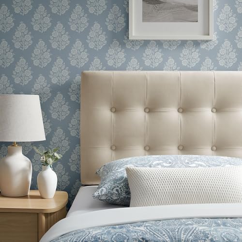 Modway Emily Twin Size Performance Velvet Headboard in Alabaster - Stain-Resistant Velvet Upholstery with Button Tufting and 7 Adjustable Height Positions - color: Alabaster, size: Twin