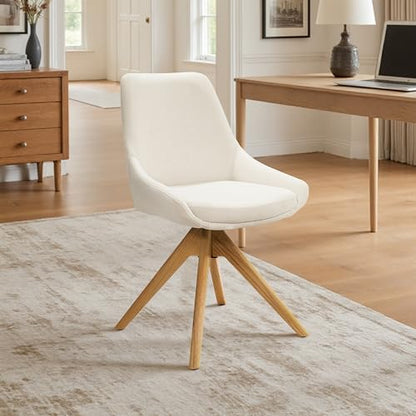 Swivel Desk Chair for Home Office, Oak Wood, Fabric, Off White | No Wheels Design, Solid Wood Legs, Mid Century Modern, Upholstered, 360° Swivel, Low Armrests, Living Room, Bedroom - color: Off White