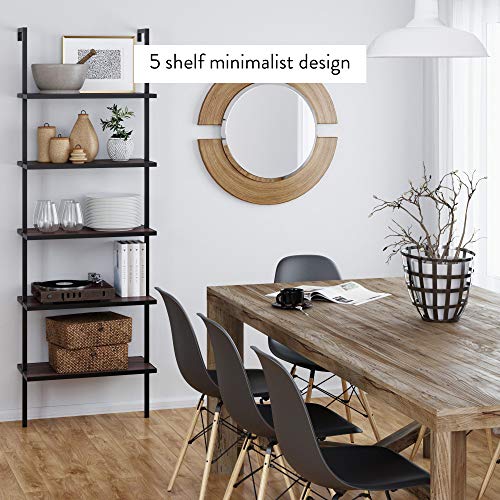 Nathan James Theo 5-Shelf Wood Modern Bookcase, Open Wall Mount Ladder Bookshelf with Industrial Metal Frame, Brown Walnut/Black - color: Theo Brown Walnut/Black, size: Set of 1