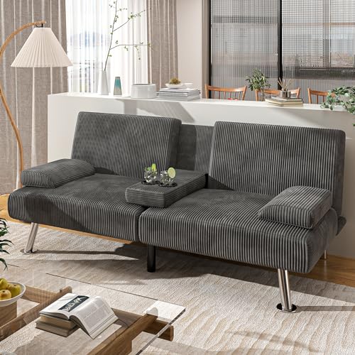 Shahoo Convertible Folding Futon Sofa Bed, Upholstered Sleeper Loveseat | Linen futon equipped with removable armrests, metal legs & 2 cup holders for living room (Grey) - color: Grey, style: Corduroy