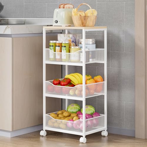 HapiRm Fruit Basket Kitchen Cart - 4-Tier Rolling Storage Cart with Wheels, Wood Top Utility Pantry Cart for Vegetables, Potatoes, Onions, Bread, Snacks - color: White