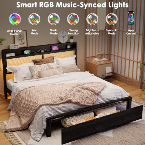 Garvee King Wooden Rattan Bed Frame Bohemian with Storage and LED Lights | Cane Headboard with Charging Station, Wooden Slats, Noise-free, No Box Spring. Country Farmhouse Bed Frames Black - color: Black, size: King