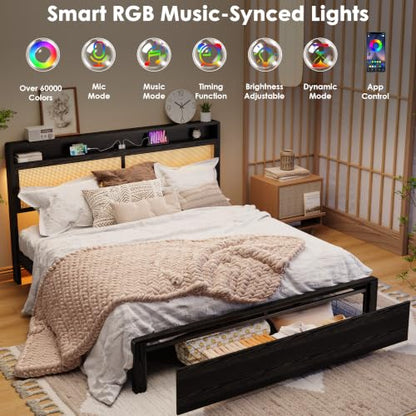 Garvee King Wooden Rattan Bed Frame Bohemian with Storage and LED Lights | Cane Headboard with Charging Station, Wooden Slats, Noise-free, No Box Spring. Country Farmhouse Bed Frames Black - color: Black, size: King