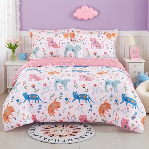 Kids Full Comforter Sets for Girls 8 Pieces Cute Cat Flower Bedding Set for Teens Microfiber Floral Kids Bed in A Bag with Comforter, Sheet Set, Shams and Decorative Toy Pillow All Season - color: Floral Cat, size: Full