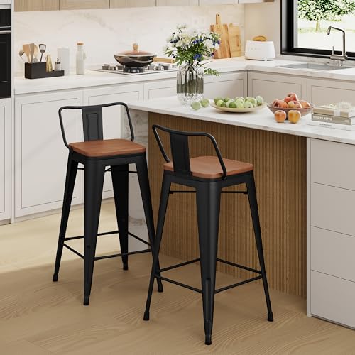 Yongchuang 26" Metal Barstools Set of 2 Counter Bar Stools with Wood Top Low Back Matte Black - color: Black, size: 26" Set of 2
