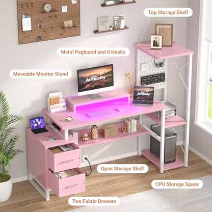 Computer Desk with 2 Fabric Drawers - Reversible Home Office Desk with Power Outlet & LED Lights, 53" Writing Desk with Monitor Stand & Storage Shelves, Gaming Desk Study Table with Pegboard, Pink - color: Pink