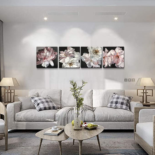 Yxbhhym Floral Canvas Wall Art White Flowers Wall Picturs Prints Pink Florals Artwork for Wall Décor Painting Poster for Bathroom Art Living Room Decor-Framed Wall Art -12x12inches x 4 pcs - color: Awhite flowers, size: 12"L x 12"W x 4 pcs
