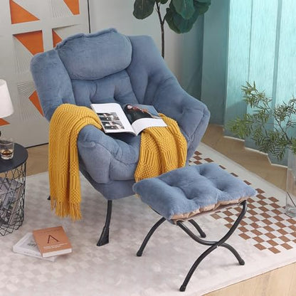 Lazy Chair with Ottoman, Comfy Reading Accent Chair, Plush Light Blue | Foldable Footrest, Padded Seat and Backrest, Side Pocket for Lounging in Living Rooms, Bedrooms, Dorms and Small Spaces - color: Plush-light Blue
