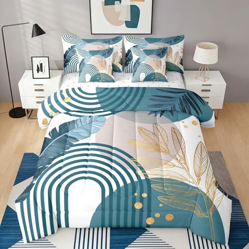 Erosebridal Boho Mid Century Comforter Set 7 Piece Twin Size Deep Teal and Gold Bedding Set for Women Adult Teens Kid Sun Geometric Rainbow Bed in A Bag Modern Minimalist Leaves Sheet Sets - color: Deep Teal, size: Twin