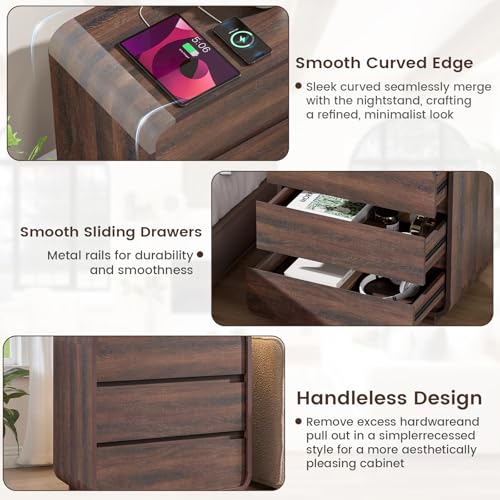 Standifurno Walnut 3 Drawers Nightstand, 25" Tall Wooden Bedside Table with Charging Station, Large Side Table Curved Profile, Handleless, Large End Table Night Stand for Bedroom, Office - color: Walnut, size: 3 Drawer(1PC)