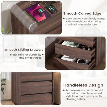 Standifurno Walnut 3 Drawers Nightstand, 25" Tall Wooden Bedside Table with Charging Station, Large Side Table Curved Profile, Handleless, Large End Table Night Stand for Bedroom, Office - color: Walnut, size: 3 Drawer(1PC)
