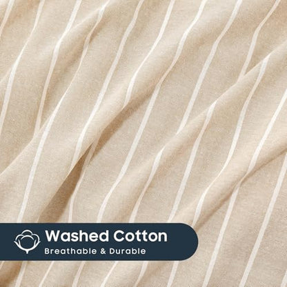 Wake In Cloud - Striped Cotton Duvet Cover Set, Ticking Stripe Vertical Pinstripe Farmhouse, 100% Washed Cotton Textured Bedding Set, 3 Pieces, Tan, Full Size - color: Tan, size: Full