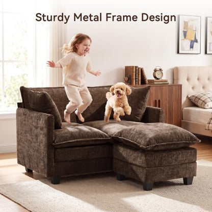50" Love Seat with Ottoman, Small L Shape Cloud Sofa Couch, 2-Layer Cushion & 27" Deep Seat, 2 Pillows for Small Spaces, Bedroom, Apartment, Office, Living Room, Brown - color: Brown, size: Loveseat with Ottoman