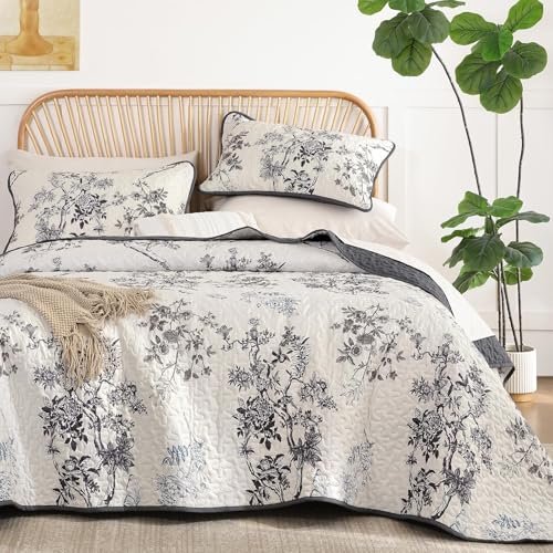 WONGS BEDDING Floral Quilt Set Full,Grey Botanical Pattern Quilts Bedspread Coverlet Set for Women Teen Girls, Soft Microfiber Cottagecore Bedding Set for Summer 78"×90" - color: Grey, size: Full