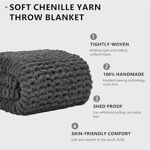 L'AGRATY Chunky Knit Throw Blanket for Couch, 50 x 60 Inches, Dark Grey | Handmade Chenille Crochet Blanket for Sofa Bed, Thick Cable Knitted Blankets for Room Home Decor, Birthday Gift for Women Mom - color: Charcoal Grey, size: 50"x60"