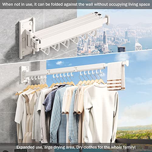 Wall Mounted Tri-Fold Clothes Drying Rack, Heavy Duty Collapsible Laundry Drying Rack, Space-Saving Retractable Foldable Drying Rack Clothes for Laundry Room Balcony Bathroom,White-Hooks - style: White-Hooks