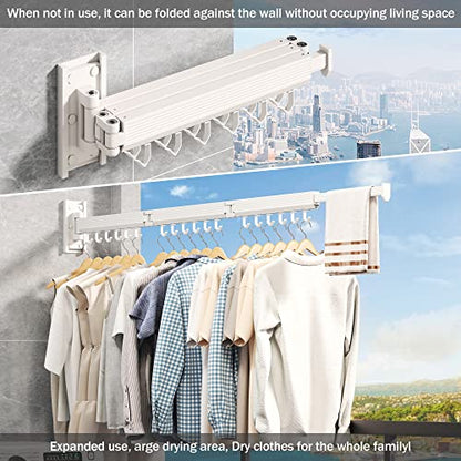 Wall Mounted Tri-Fold Clothes Drying Rack, Heavy Duty Collapsible Laundry Drying Rack, Space-Saving Retractable Foldable Drying Rack Clothes for Laundry Room Balcony Bathroom,White-Hooks - style: White-Hooks