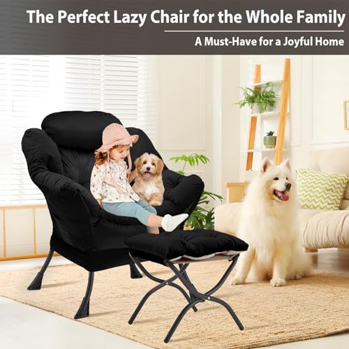 Youtanic Lazy Chair with Folding Ottoman, Accent Chair Velvet Upholstered with Metal Structure and Non-Slip Pads, Sofa Armchair with Footrest and Side Storage Bag for Dorm, Room, Office, Black - color: Black-f